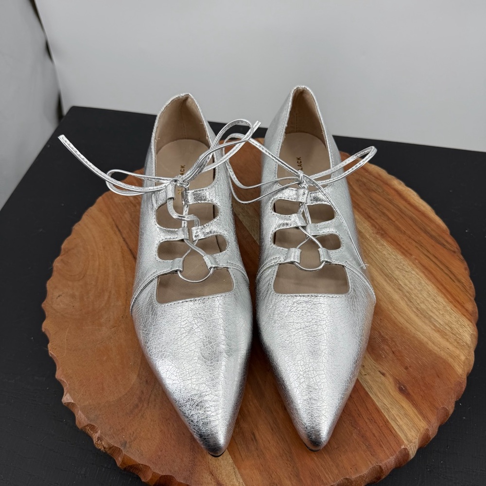 All Black Silver Leather Ghillie 24 Pointy Lace Up Flat Shoes 41 10.5 - Picture 2 of 7